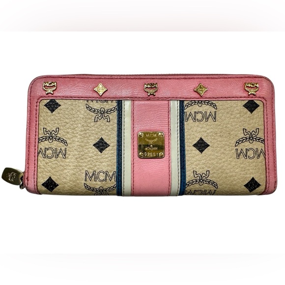 MCM Handbags - MCM Visetos Pink and Tan Zip Wallet